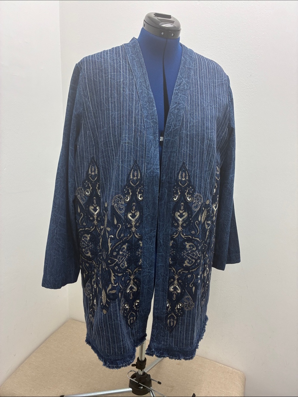 Embroidered Artisan Topper Denim Indigo Open-Front Women’s Jacket